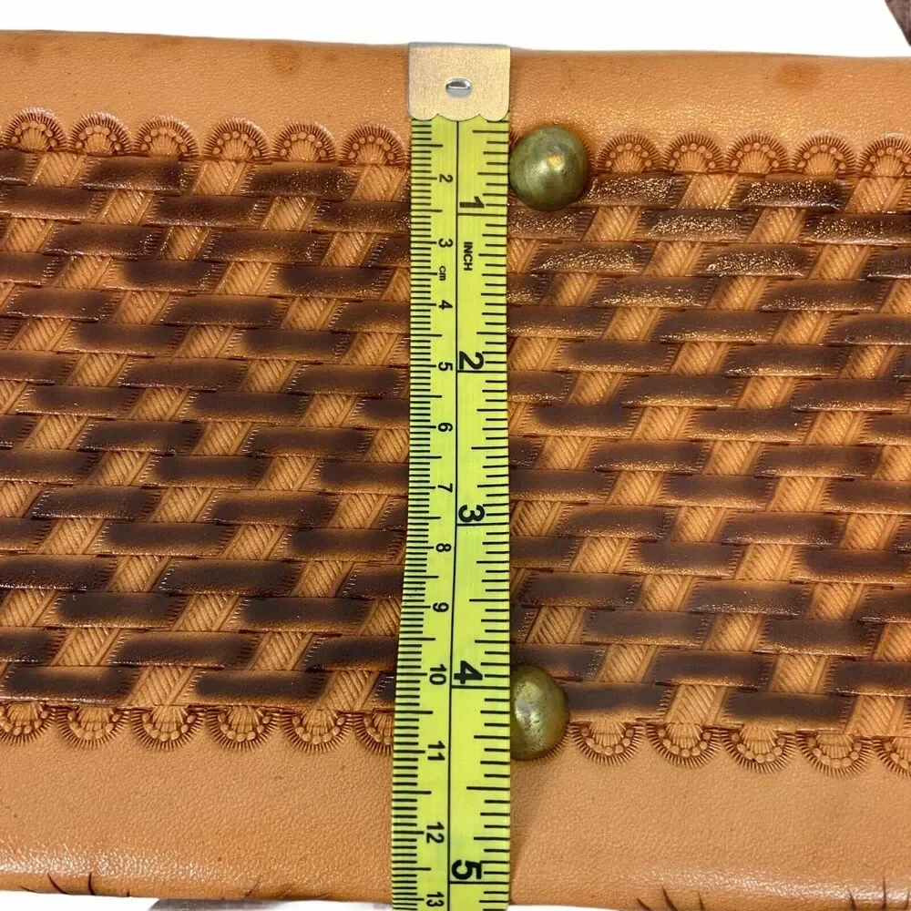 Tooled Leather Purse Handbag Women Handmade Pine Cone Brown Leather 60 70s Retro